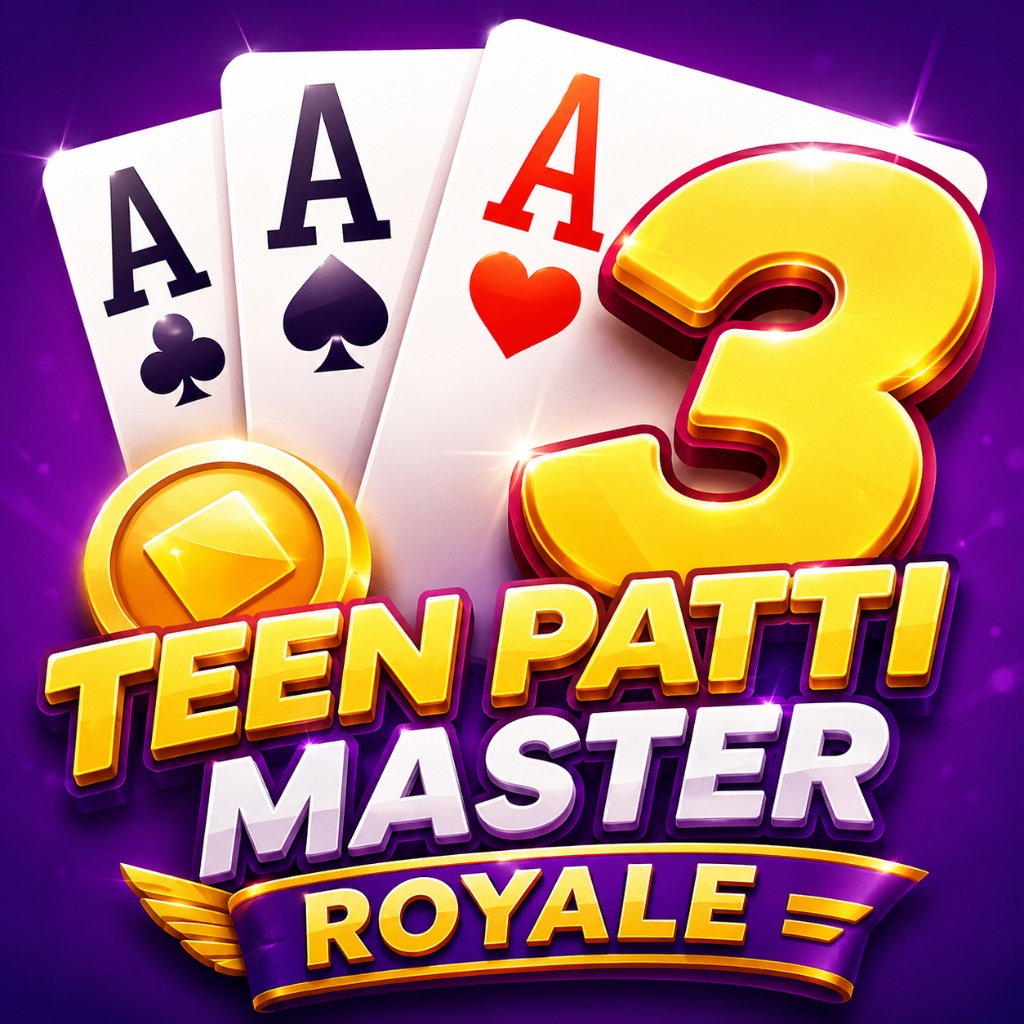 Teen Patti Master Royale 2026 official app icon featuring three ace cards and golden coins on a vibrant purple gradient background.